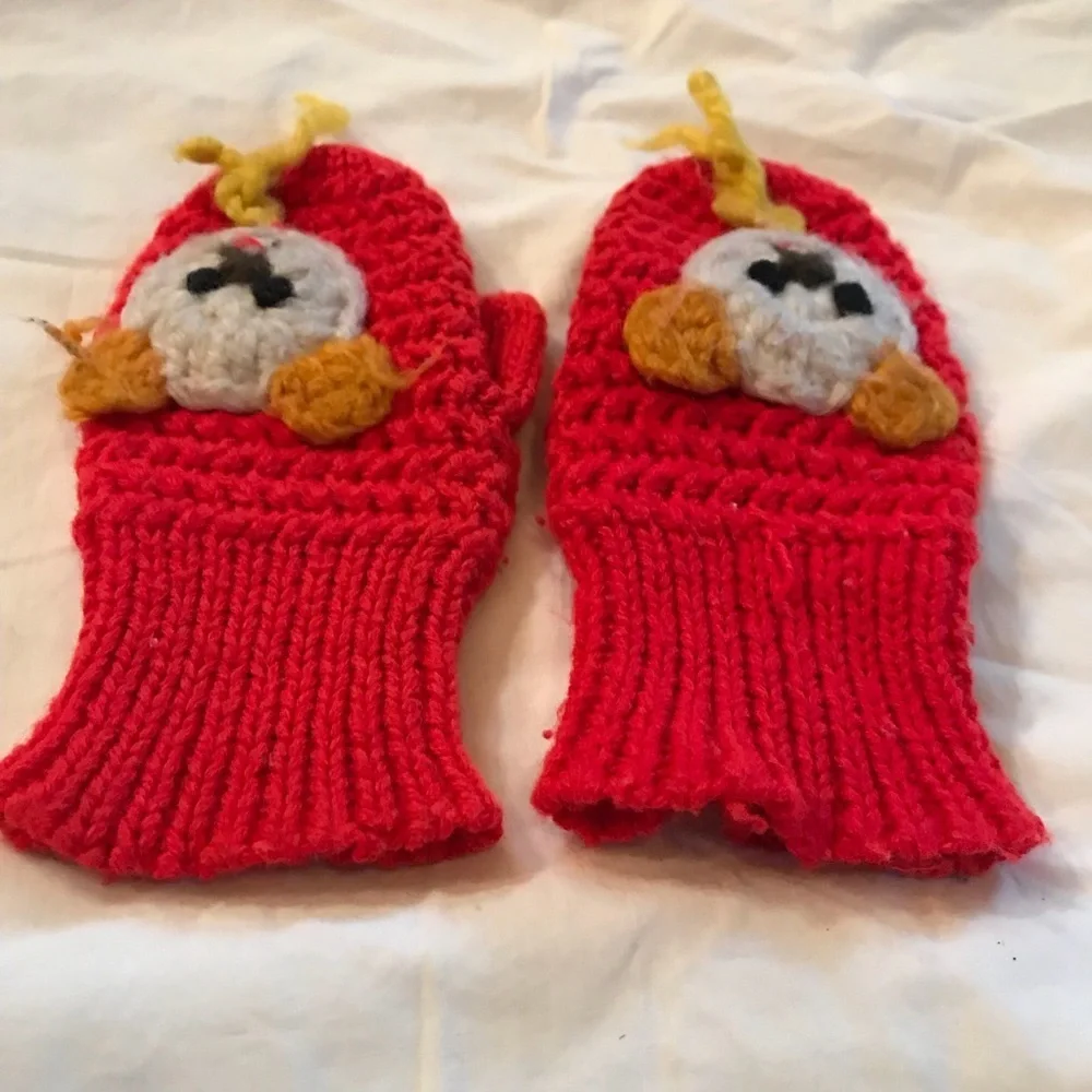 Vintage Red Crocheted Teddy Bear Mittens